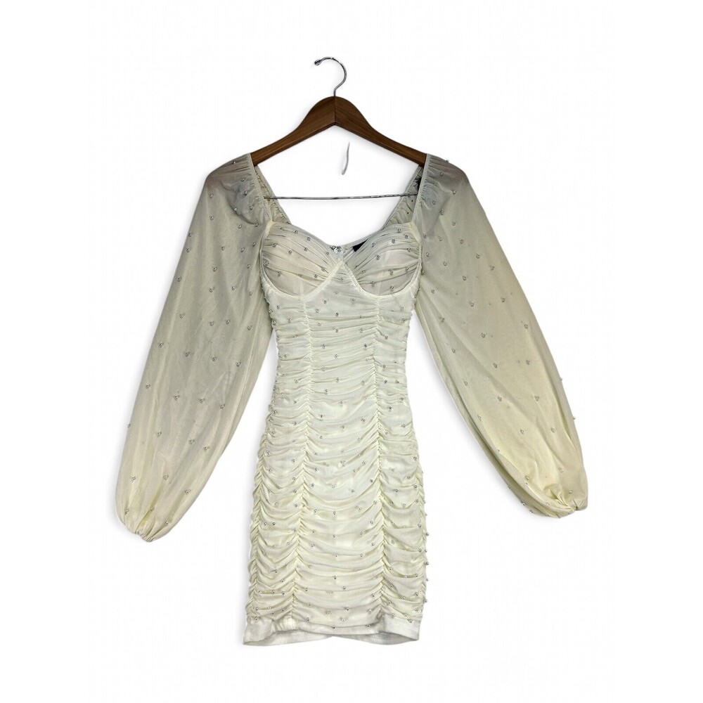 Windsor‎ Ruched White Mini Dress w/ Beaded Sheer Bishop Sleeves XS